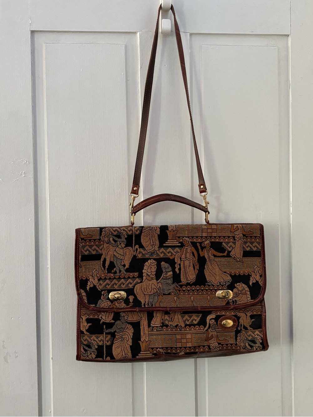 Arrazo Vintage Italian Leather Roman Tapestry Messenger Breifcase Laptop Bag